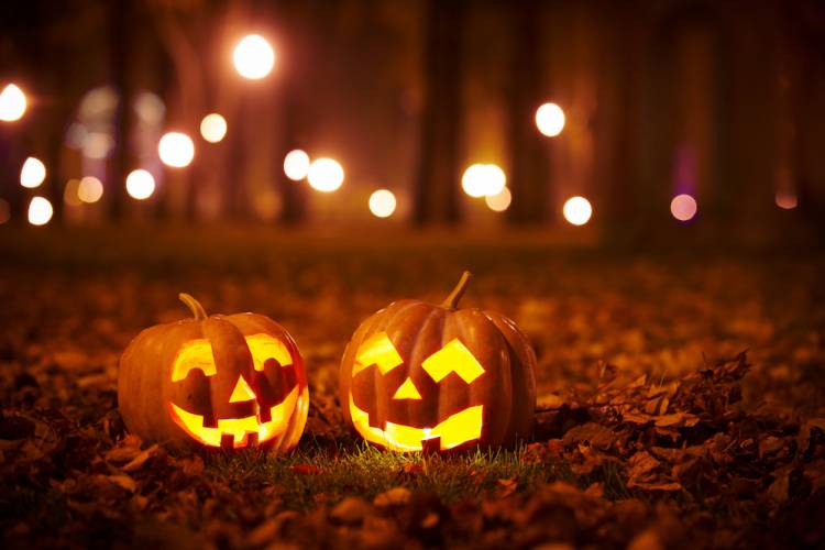 two jack o lanterns sitting in a yard